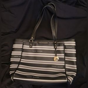 Tommy Hilfiger black & white stripped tote bag.